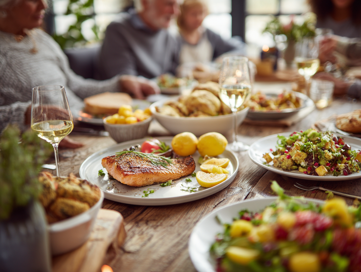 Сім'я готує здорову їжу разом на кухні, демонструючи радість від планування збалансованого харчування
