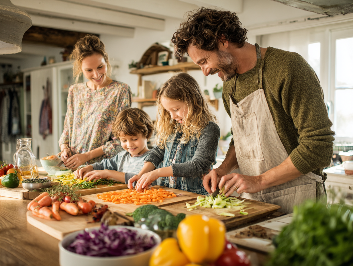 Красиво сервірований стіл з різноманітними стравами, що демонструє збалансоване сімейне харчування