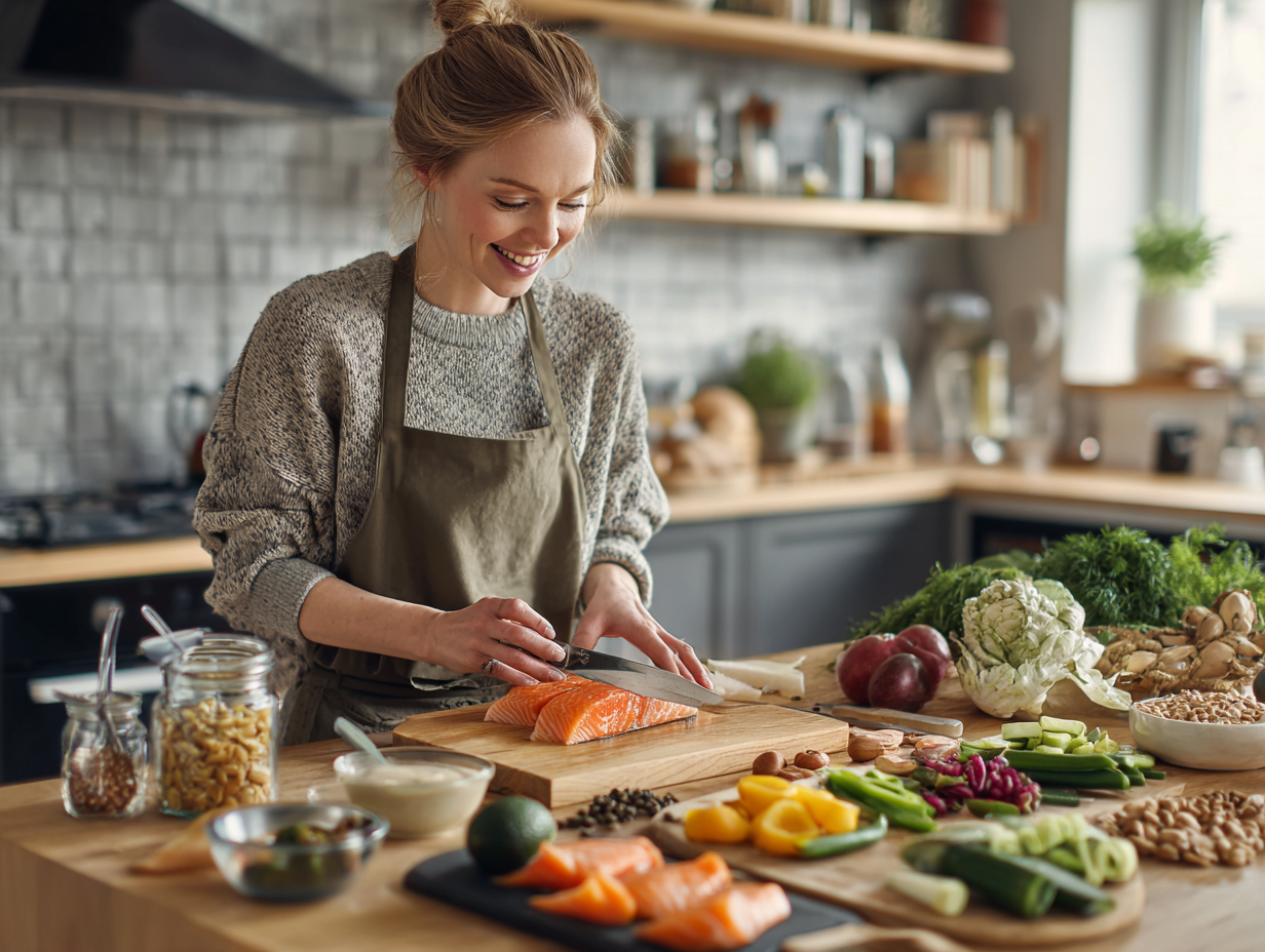 Різноманітні свіжі продукти та інгредієнти для збалансованого харчування розкладені на столі